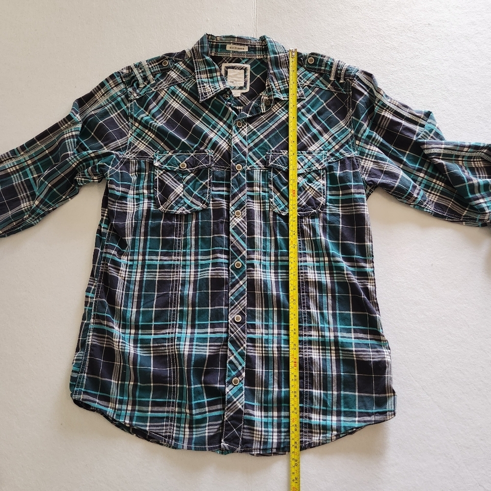 BKE Western Teal & Navy Plaid Slim Fit Stretch Pearl Snap Size Large - Picture 5 of 10